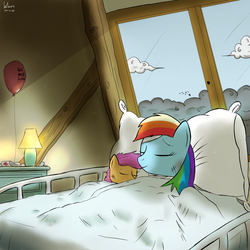 Size: 2000x2000 | Tagged: safe, artist:khan-the-cake-lover, rainbow dash, scootaloo, g4, balloon, bed, high res, hospital, indoors, injured, scootalove, sleeping