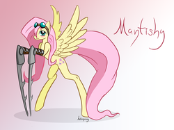 Size: 1280x955 | Tagged: safe, artist:anthropony, fluttershy, mantis, mantis pony, g4, goggles