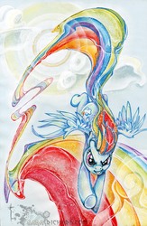 Size: 913x1400 | Tagged: safe, artist:sara richard, rainbow dash, pegasus, pony, g4, female, flying, mare, solo, surreal, traditional art, trail