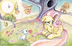 Size: 900x579 | Tagged: safe, artist:sara richard, fluttershy, g4, animal, crying, traditional art, tree