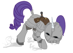 Size: 1093x797 | Tagged: dead source, safe, artist:fribox, rarity, pony, unicorn, g4, armor, armorarity, demon's souls, female, horn, parody, solo, sword, weapon