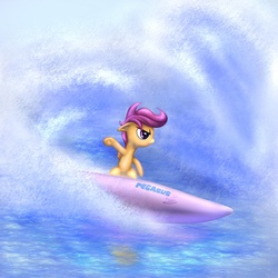 Size: 1000x1000 | Tagged: safe, artist:rayhiros, scootaloo, pegasus, pony, g4, awesome, female, filly, ocean, solo, summer, surfboard, surfing, water, wave, wet mane