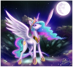 Size: 1086x992 | Tagged: safe, artist:14-bis, princess celestia, alicorn, pony, g4, beautiful, crown, ethereal mane, ethereal tail, female, flowing mane, flowing tail, hoof shoes, jewelry, majestic, mare, mare in the moon, moon, multicolored mane, multicolored tail, night, peytral, praise the sun, purple eyes, regalia, royalty, solo, sparkles, spread wings, tiara