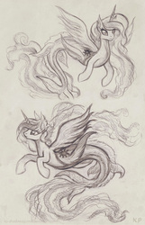Size: 643x1000 | Tagged: safe, artist:kp-shadowsquirrel, princess celestia, alicorn, hippocampus, merpony, sea pony, seapony (g4), g4, bubble, dorsal fin, ear fluff, eyelashes, female, fin wings, fins, fish tail, flowing mane, flowing tail, horn, mare, mermaid tail, monochrome, sealestia, seaponified, seapony celestia, smiling, solo, species swap, spread wings, swimming, tail, traditional art, underwater, water, wings