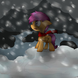 Size: 1700x1700 | Tagged: safe, artist:mehh32980, scootaloo, pony, g4, clothes, female, scarf, snow, snowfall, solo