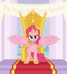 Size: 816x900 | Tagged: safe, artist:averagedraw, pinkie pie, alicorn, pony, g4, alicornified, crown, element of laughter, featureless crotch, hilarious in hindsight, jewelry, pinkiecorn, race swap, regalia, solo, throne, xk-class end-of-the-world scenario