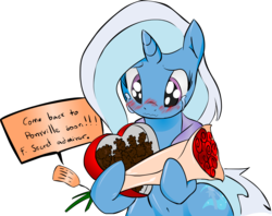 Size: 1851x1468 | Tagged: dead source, safe, artist:zev, trixie, pony, unicorn, g4, belly button, blushing, crying, female, flower, mare, pinecone, secret admirer, simple background, solo, transparent background, valentine