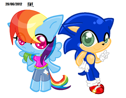 Size: 743x580 | Tagged: safe, artist:polishhedgiefangirl, rainbow dash, anthro, g4, chibi, crossover, male, sonic the hedgehog, sonic the hedgehog (series)