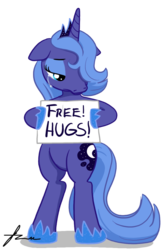 Size: 743x1106 | Tagged: safe, artist:furboz, princess luna, alicorn, pony, g4, backwards cutie mark, bipedal, crying, female, free hugs, hoof shoes, hug, mare, meme, s1 luna, sad, sign, signature, simple background, solo, transparent background