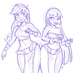 Size: 945x945 | Tagged: safe, artist:megasweet, applejack, human, applebucking thighs, bandeau, belly button, bracelet, breasts, busty applejack, butt bump, butt to butt, butt touch, chel, cleavage, crossover, female, humanized, loincloth, midriff, monochrome, the road to el dorado
