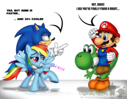 Size: 1000x781 | Tagged: safe, artist:forusu, rainbow dash, hedgehog, human, pegasus, pony, yoshi, g4, crossover, douchebag, female, interspecies, male, maridash, mario, riding, shipping, sonic the hedgehog, sonic the hedgehog (series), sonicdash, straight, super mario bros., swag