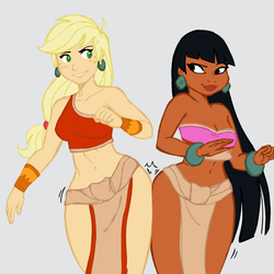 Size: 945x945 | Tagged: safe, artist:deeriojim, artist:megasweet, applejack, human, applebucking thighs, belly button, bracelet, breasts, busty applejack, butt bump, butt to butt, butt touch, chel, cleavage, crossover, dark skin, female, humanized, loincloth, midriff, simple background, the road to el dorado, wide hips