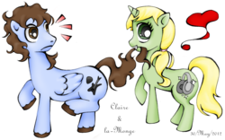 Size: 1434x894 | Tagged: safe, artist:la-monge, oc, oc only, oc:claire anne carr, oc:la-monge, pegasus, pony, unicorn, biting, cute, female, frown, grin, heart, looking at you, looking back, male, mare, music notes, raised hoof, raised leg, simple background, smiling, stallion, surprised, tail bite, text, transparent background, wide eyes