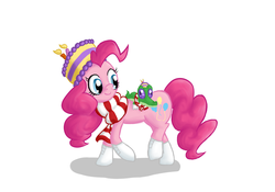 Size: 1050x734 | Tagged: safe, artist:qaxis, gummy, pinkie pie, g4, boots, cake, candle, clothes, food, hat, scarf, winter outfit