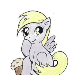 Size: 500x500 | Tagged: artist needed, safe, derpy hooves, pegasus, pony, g4, :t, cute, daaaaaaaaaaaw, female, giggling, mare, muffin, sitting, smiling, solo