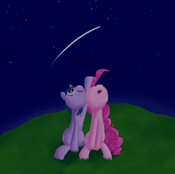 Size: 985x980 | Tagged: safe, artist:qaxis, pinkie pie, twilight sparkle, g4, duo, duo female, female, mare, pointing, shooting star, smiling, stargazing