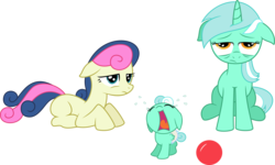 Size: 8483x5092 | Tagged: safe, artist:baka-neku, bon bon, lyra heartstrings, sweetie drops, oc, oc:sweet song, earth pony, pegasus, pony, unicorn, g4, absurd resolution, baby, baby pony, ball, blank flank, crying, female, foal, lesbian, magical lesbian spawn, missing cutie mark, offspring, parent:bon bon, parent:lyra heartstrings, parents:lyrabon, pegasus oc, ship:lyrabon, shipping, simple background, tired, transparent background, vector
