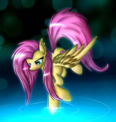 Size: 1900x1984 | Tagged: safe, artist:n1de, fluttershy, pegasus, pony, g4, female, glowing, looking at something, looking down, mare, solo, spread wings, three quarter view, touch, water, wings