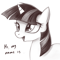 Size: 640x640 | Tagged: safe, artist:rainbow, twilight sparkle, pony, g4, dialogue, female, mare, monochrome, simple background, solo