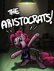 Size: 425x555 | Tagged: safe, artist:zicygomar, pinkie pie, earth pony, pony, fanfic:cupcakes, g4, cutie mark dress, female, horn, horn necklace, necklace, severed horn, solo, the aristocrats