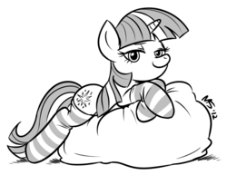 Size: 1155x892 | Tagged: safe, artist:megasweet, twilight sparkle, pony, unicorn, g4, clothes, female, grin, looking at you, mare, monochrome, prone, smiling, socks, solo, striped socks, unicorn twilight