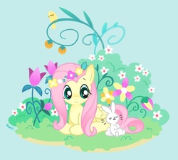 Size: 600x540 | Tagged: safe, artist:kekani, angel bunny, fluttershy, bird, g4, cute, duo, floral head wreath, flower, garden