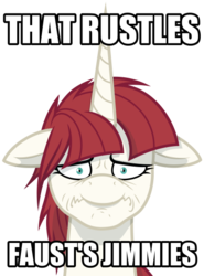 Size: 400x541 | Tagged: artist needed, source needed, safe, oc, oc only, oc:fausticorn, pony, jimmies, lauren faust, meme, reaction image, simple background, solo, text, transparent background