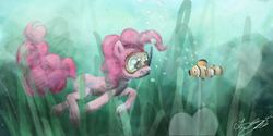 Size: 1136x566 | Tagged: safe, artist:malicieuxx, pinkie pie, fish, g4, diving, goggles, snorkel, swim mask, underwater