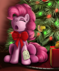 Size: 1000x1200 | Tagged: dead source, safe, artist:sonicrainboom93, pinkie pie, earth pony, pony, g4, brony, christmas, christmas tree, eyes closed, female, present, solo, tree, yawn