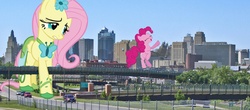 Size: 1636x722 | Tagged: safe, fluttershy, pinkie pie, earth pony, pegasus, pony, g4, city, giant earth pony, giant pegasus, giant pinkie pie, giant pony, giantess, giantshy, highrise ponies, kansas city, macro, missouri