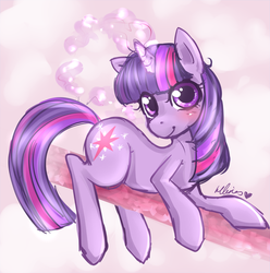 Size: 1000x1009 | Tagged: safe, artist:chao-illustrations, twilight sparkle, pony, unicorn, g4, female, looking at you, magic, mare, prone, smiling, solo, unicorn twilight