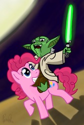 Size: 690x1024 | Tagged: safe, artist:fimflamfilosophy, pinkie pie, earth pony, pony, g4, clone wars, crossover, disney, hasbro, riding, star wars, yoda