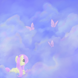 Size: 900x900 | Tagged: safe, artist:qiae, fluttershy, butterfly, pony, g4, cloud, cloudy, female, prone, solo