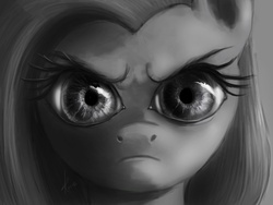 Size: 1440x1080 | Tagged: safe, artist:grissaecrim, fluttershy, pony, g4, artifact, detailed, female, grayscale, looking at you, monochrome, nightmare fuel, reaction image, solo, the stare
