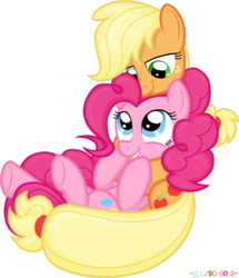 Size: 1051x1223 | Tagged: safe, artist:stupidlittlecreature, applejack, pinkie pie, earth pony, pony, g4, female, hatless, lesbian, mare, missing accessory, ship:applepie, shipping, simple background, snuggling, transparent background