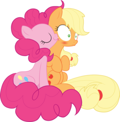 Size: 1331x1359 | Tagged: safe, artist:stupidlittlecreature, applejack, pinkie pie, g4, blushing, female, lesbian, licking, ship:applepie, shipping, simple background, sitting, transparent background, vector