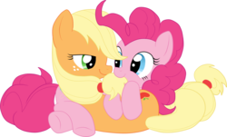 Size: 1302x784 | Tagged: safe, artist:stupidlittlecreature, applejack, pinkie pie, g4, eye contact, female, lesbian, on side, ship:applepie, shipping, simple background, transparent background, vector