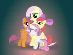Size: 3200x2400 | Tagged: safe, artist:odooee, apple bloom, fluttershy, scootaloo, sweetie belle, g4, cutie mark crusaders, high res, hug