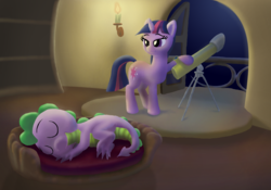 Size: 2649x1857 | Tagged: safe, artist:odooee, spike, twilight sparkle, pony, unicorn, g4, sleeping, telescope, unicorn twilight