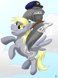 Size: 900x1200 | Tagged: safe, artist:pandachu, derpy hooves, pegasus, pony, g4, crossover, female, flying, hat, homestuck, letter, lip bite, mail, mailbag, mailmare hat, mare, peregrine mendicant, riding, sky