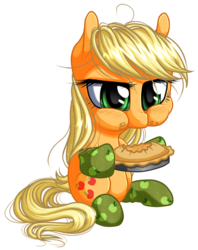 Size: 506x638 | Tagged: safe, artist:kittehkatbar, applejack, earth pony, pony, g4, clothes, eating, female, herbivore, loose hair, pie, simple background, sitting, socks, solo, transparent background