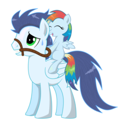 Size: 889x889 | Tagged: safe, artist:isegrim87, soarin', oc, oc:ragtag, g4, bridle, daddy soarin', father and daughter, offspring, parent:rainbow dash, parent:soarin', parents:soarindash, ponies riding ponies, ragtag riding soarin, reins, riding, simple background, sweat, transparent background