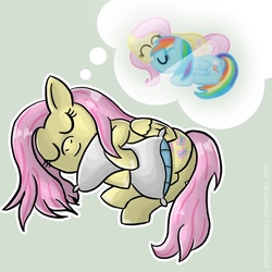 Size: 650x650 | Tagged: safe, artist:smockhobbes, fluttershy, rainbow dash, g4, dream, fantasizing, female, hug, lesbian, pillow, ship:flutterdash, shipping, sleeping, sleeping together