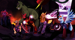 Size: 1280x695 | Tagged: safe, artist:inanimatedbrony, avengers, captain america, captain equestria, crossover, iron man, ponified, the incredible hulk, thor