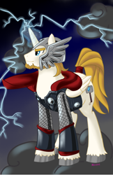 Size: 1440x2216 | Tagged: safe, artist:starkindlerstudio, alicorn, armor, cloud, helmet, lightning, looking away, norse mythology, ponified, thor