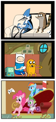 Size: 600x1297 | Tagged: safe, artist:emptywaterbucket76, pinkie pie, rainbow dash, spike, g4, adventure time, crossover, finn the human, jake the dog, male, mordecai, regular show