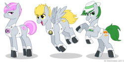 Size: 1000x502 | Tagged: dead source, safe, artist:delthero, earth pony, pegasus, pony, unicorn, adventure core, fact core, flying, hat, personality core, ponified, portal (valve), portal 2, rearing, rick, saturn, simple background, space core, transparent background