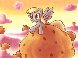 Size: 1024x768 | Tagged: safe, artist:gachucho, derpy hooves, pegasus, pony, g4, cloud, cloudy, female, giant muffin, mare, muffin