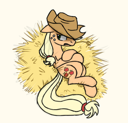 Size: 1617x1564 | Tagged: safe, artist:wolframclaws, applejack, earth pony, pony, g4, crossed hooves, female, hay, on back, solo