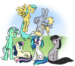 Size: 3735x3300 | Tagged: safe, artist:wolframclaws, bon bon, derpy hooves, dj pon-3, lyra heartstrings, octavia melody, sunshower raindrops, sweetie drops, vinyl scratch, earth pony, pegasus, pony, unicorn, g4, background six, female, high res, mare, simple background, transparent background